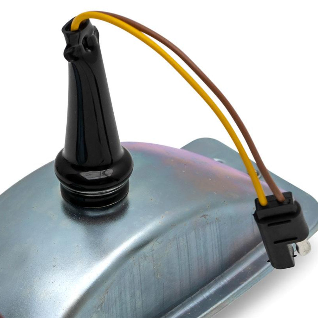 Passenger side tail light bucket for classic Ford Bronco, chrome housing with red lens, side view
