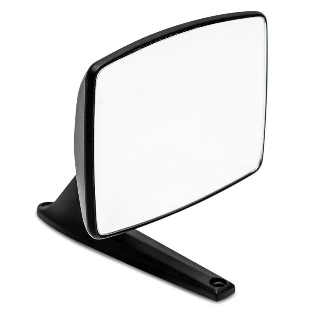 Black satin side mirror with smooth finish, driver side view