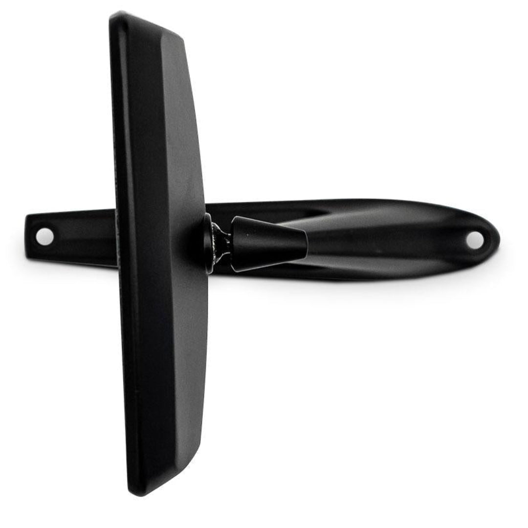 Black satin side mirror with textured surface, driver side view