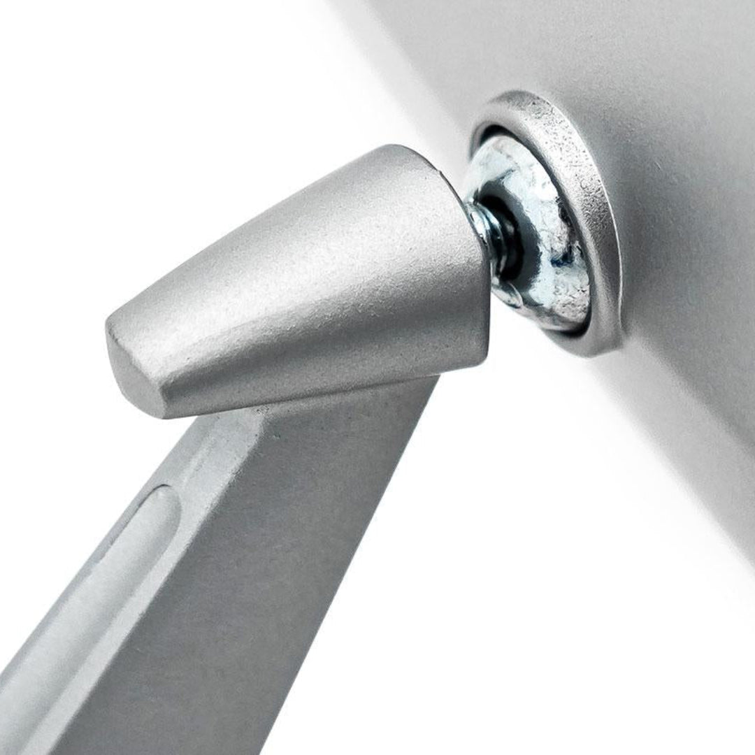 Satin silver side mirror with mounting bracket, side view