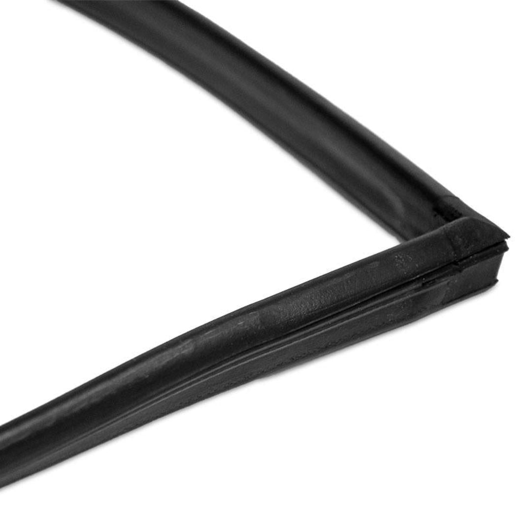 Black rubber upper and side liftgate seal for vintage Ford Bronco, close-up detail shot