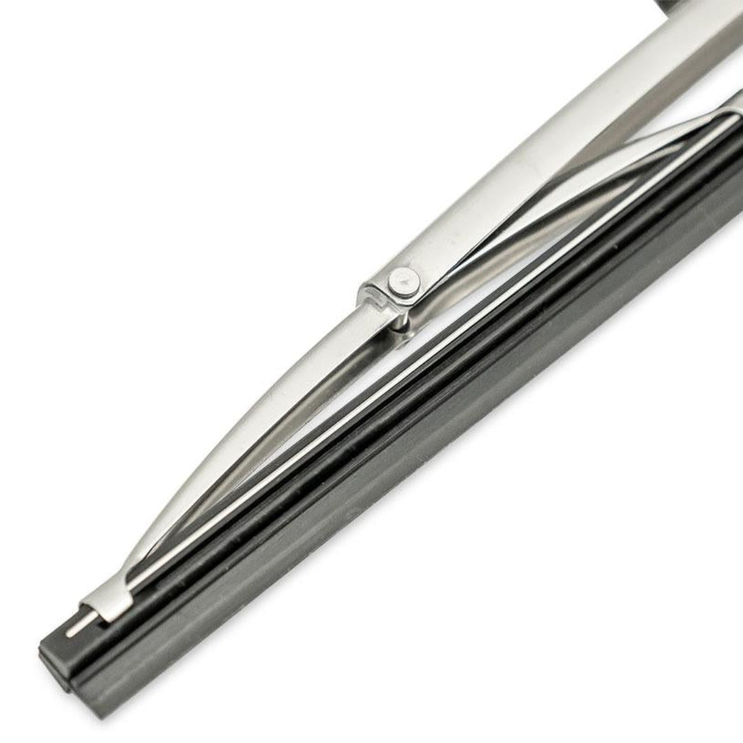 Polished stainless steel wiper blade with aftermarket arm attachment, side view