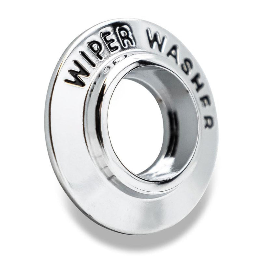 Black plastic wiper switch bezel with raised lettering, front view