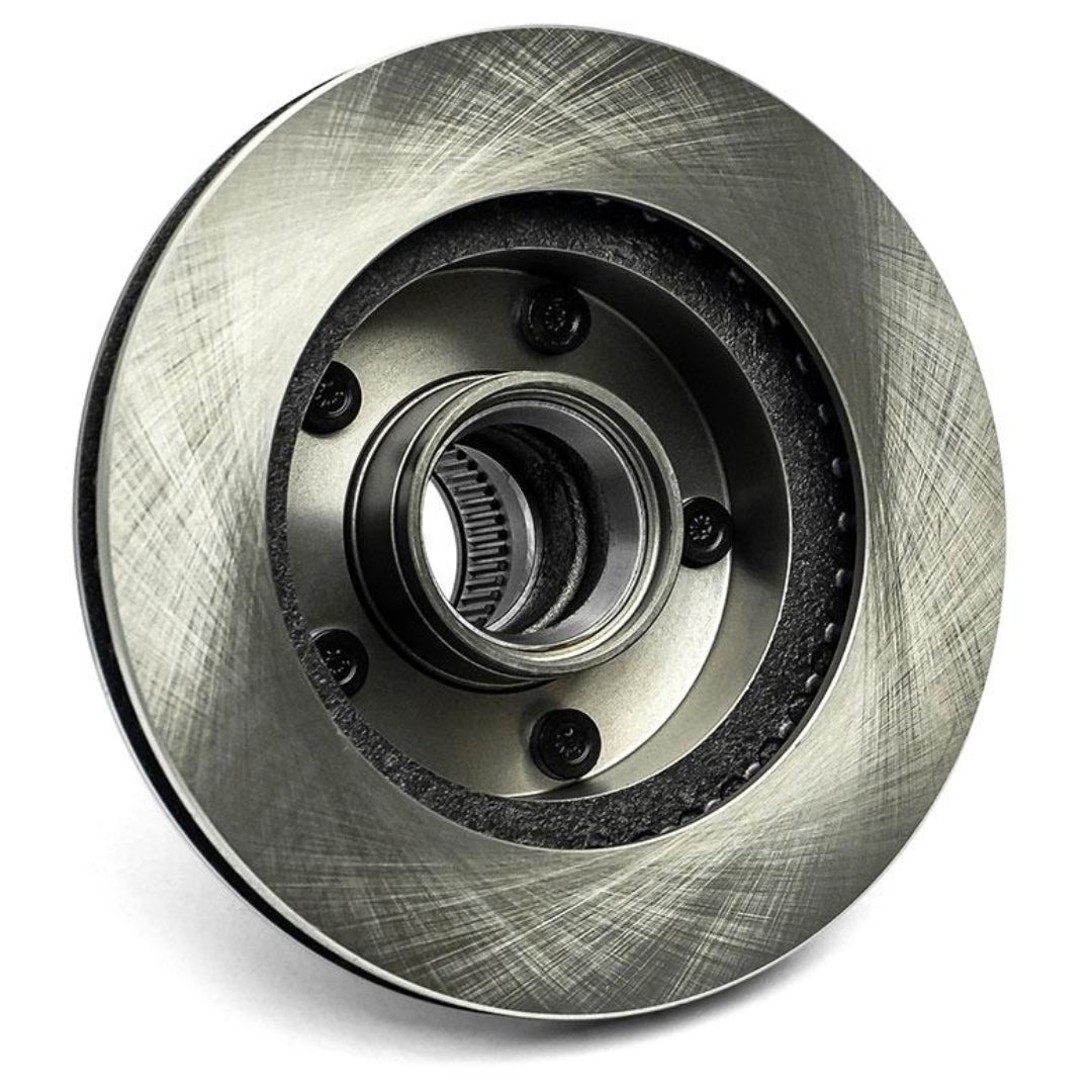 Silver front disc brake hub with rotor assembly, side view