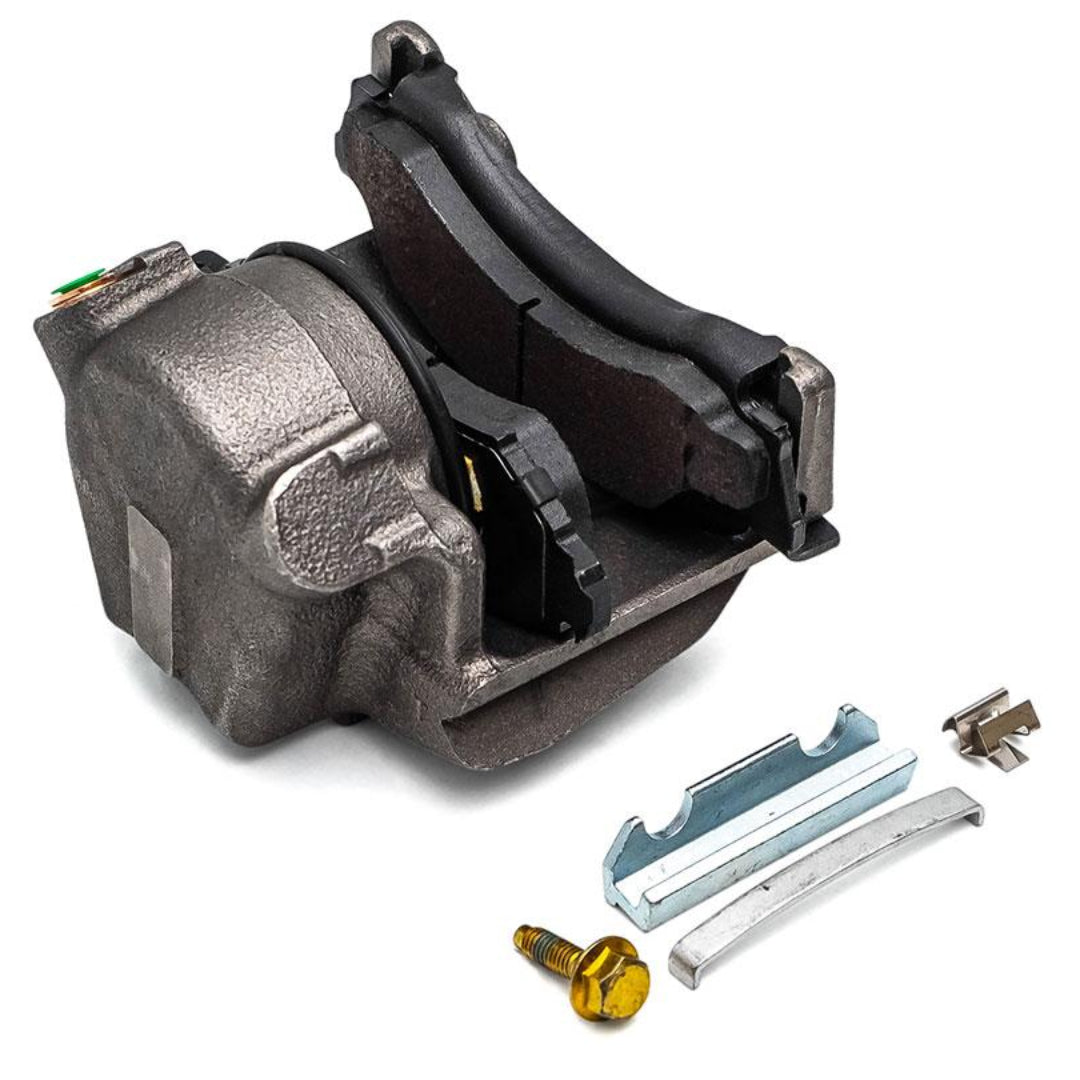 Silver front disc brake caliper with mounting bracket and piston, side view