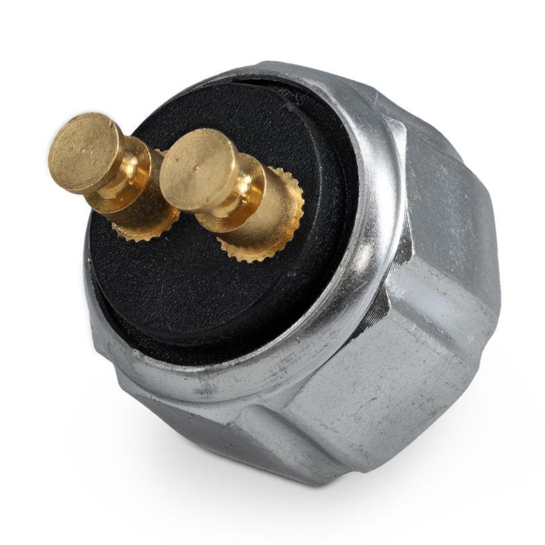 Red brake light switch with electrical connectors, side view