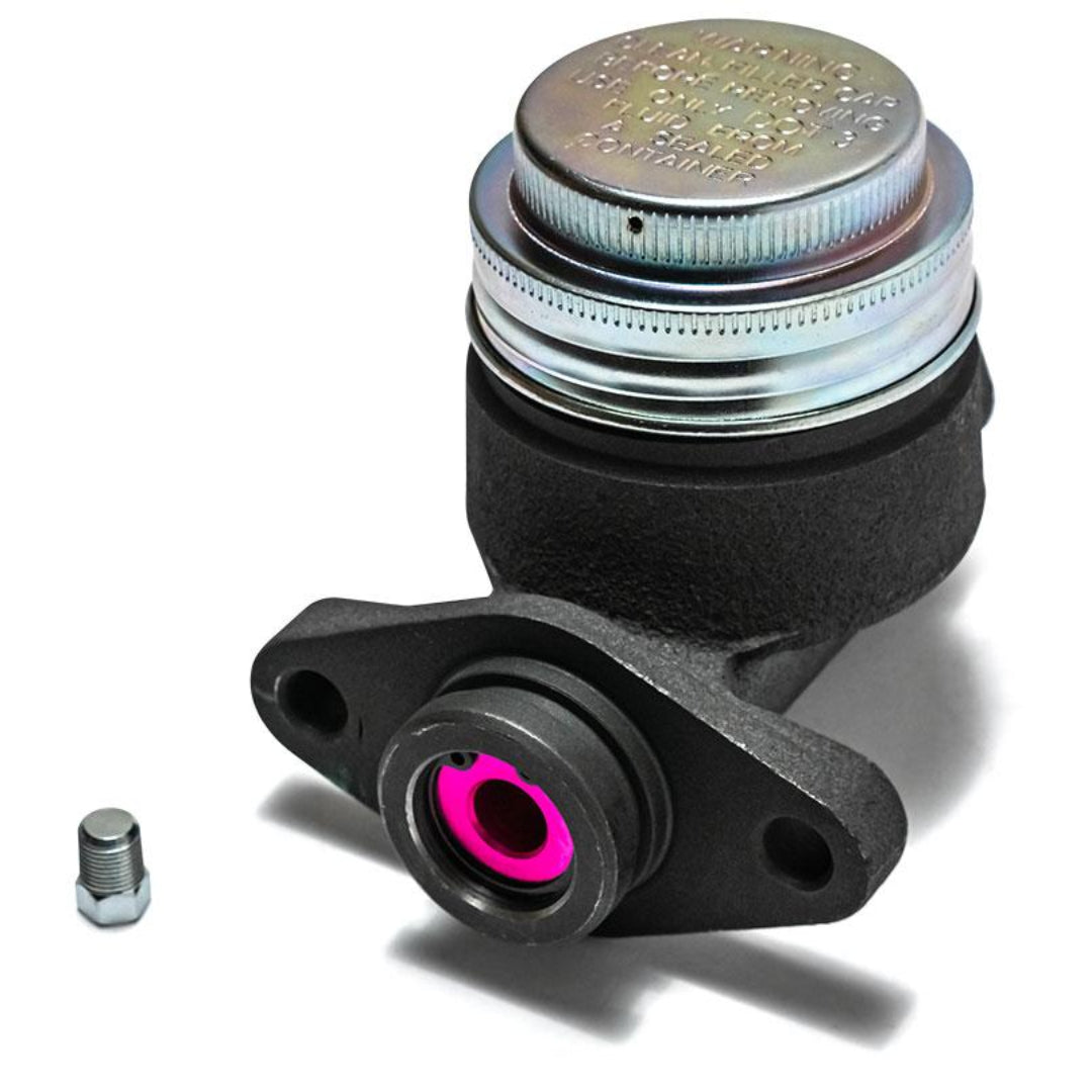 Single reservoir master cylinder with mounting bracket, side view