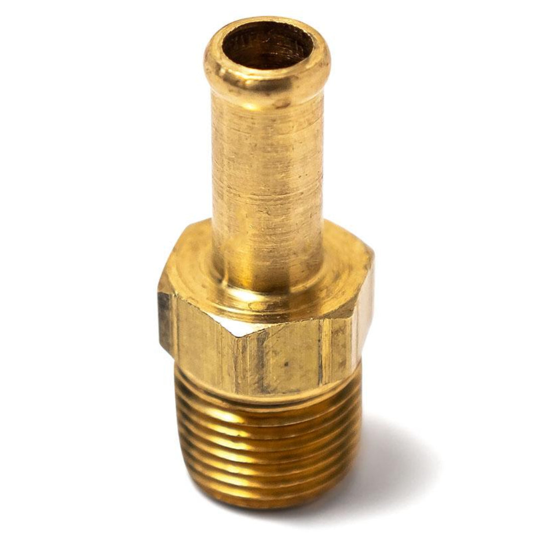 Chrome-plated brake barb fitting with threaded ends, front view