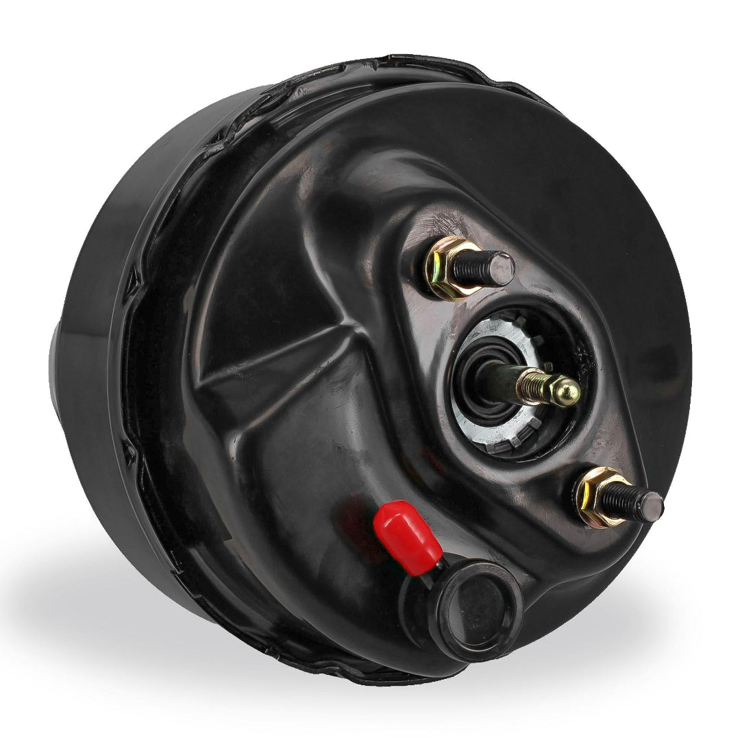 Silver metal brake booster with mounting bracket and vacuum hose connection, front view