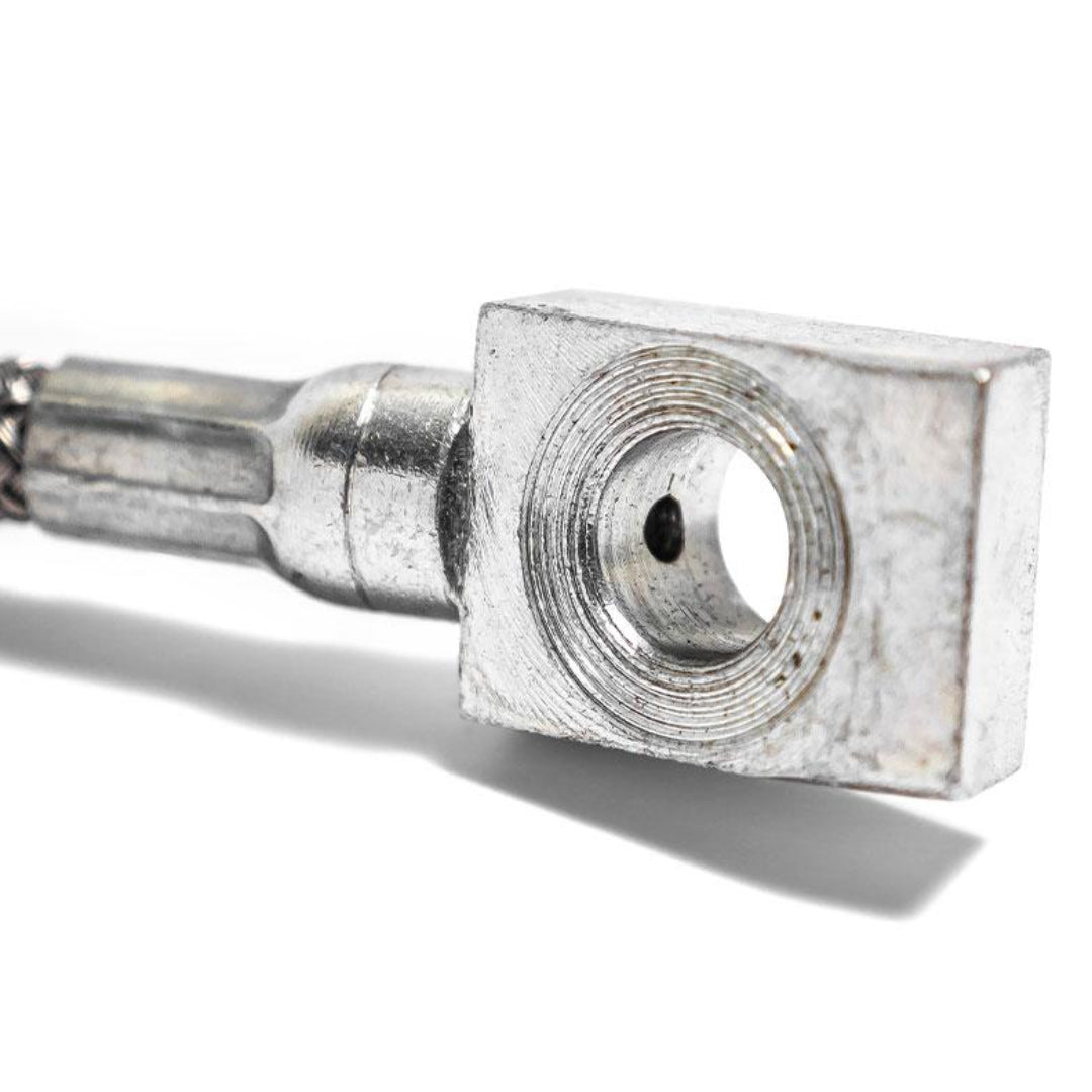 Braided stainless steel brake caliper hose with Chevy conversion, side view