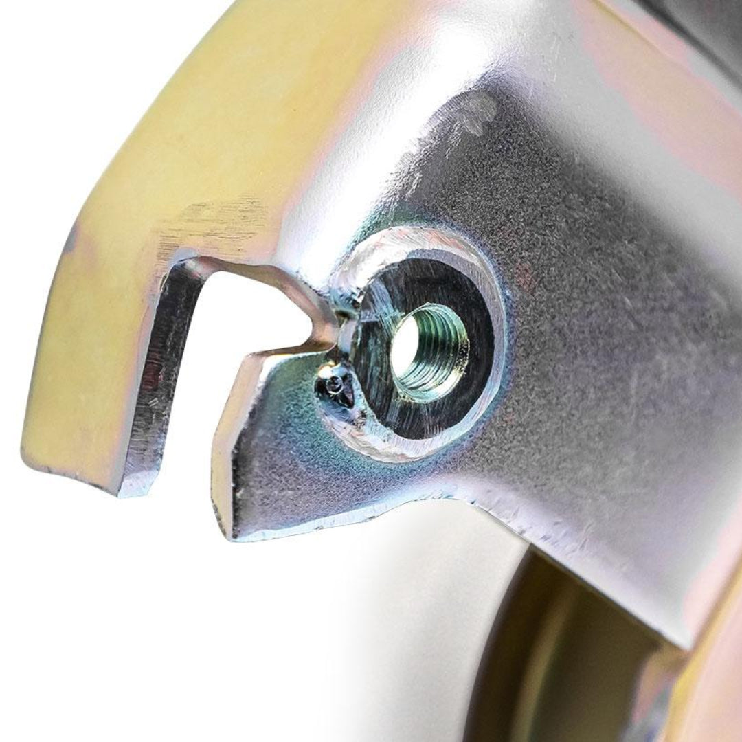Pair of silver brake caliper support plates for disc conversion, front view
