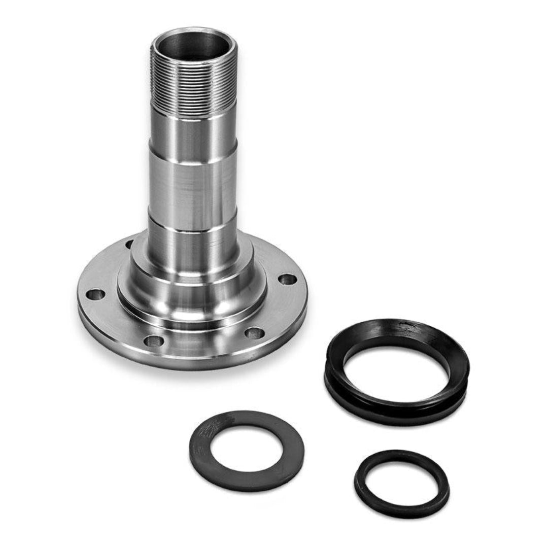 Silver front drum brake spindle with mounting holes, side view