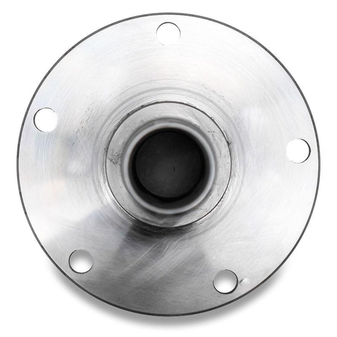 Front disc brake spindle with mounting holes, side view