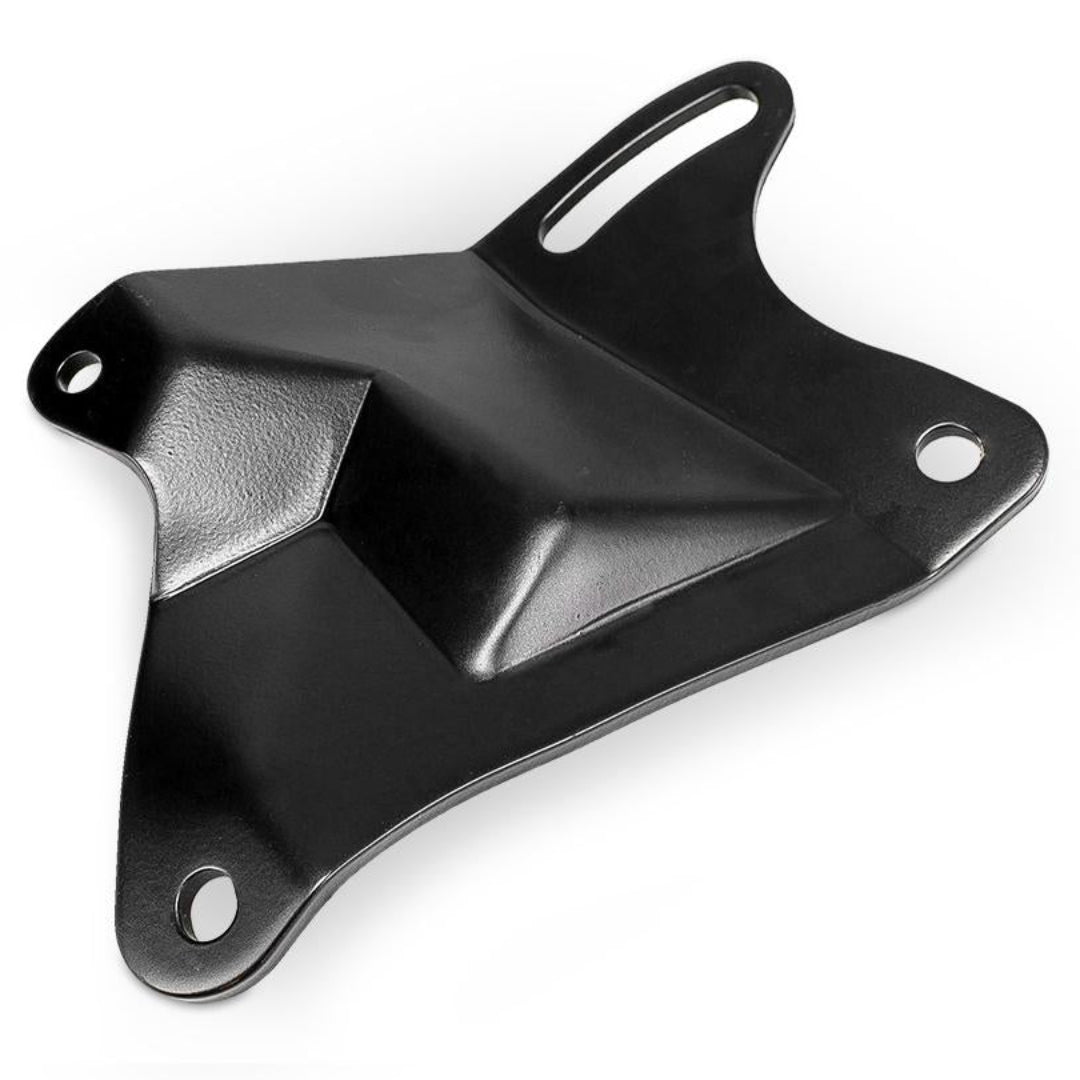 Metal V8 power steering pump bracket with bolt holes, side view