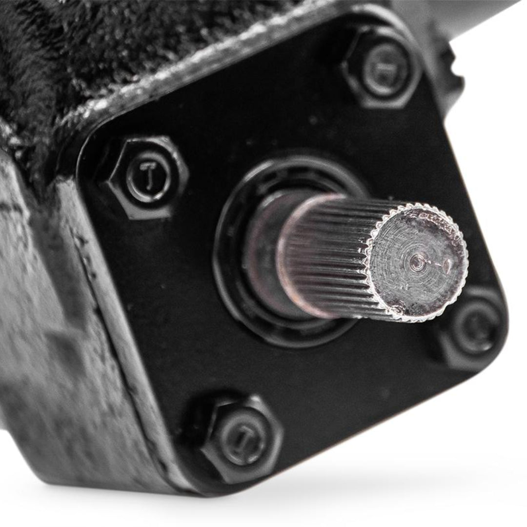 Rebuilt manual steering box with mounting hardware, front view