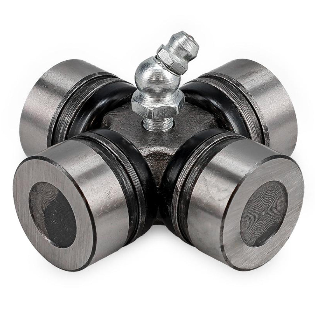 Steel U-joint for power steering shaft with black finish, close-up detail shot