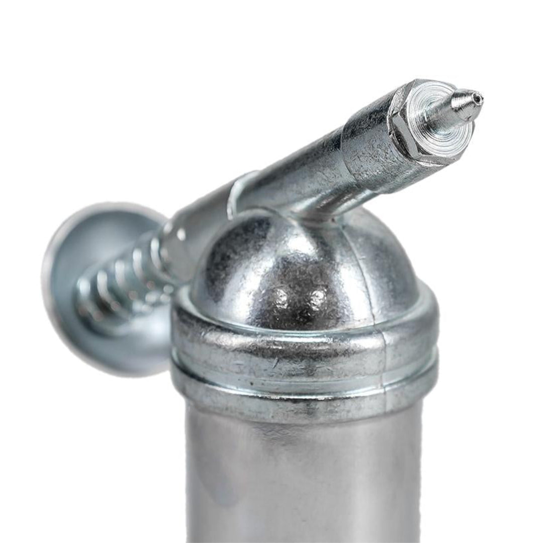 Red grease gun with metal nozzle and rubber hose, side view