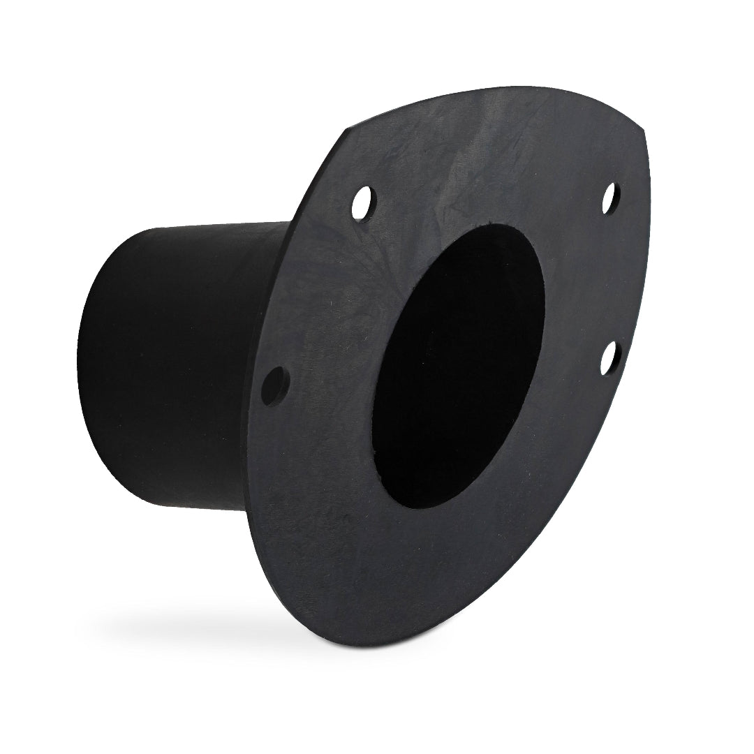 Black rubber steering column boot with accordion folds, tilt column connection, front view