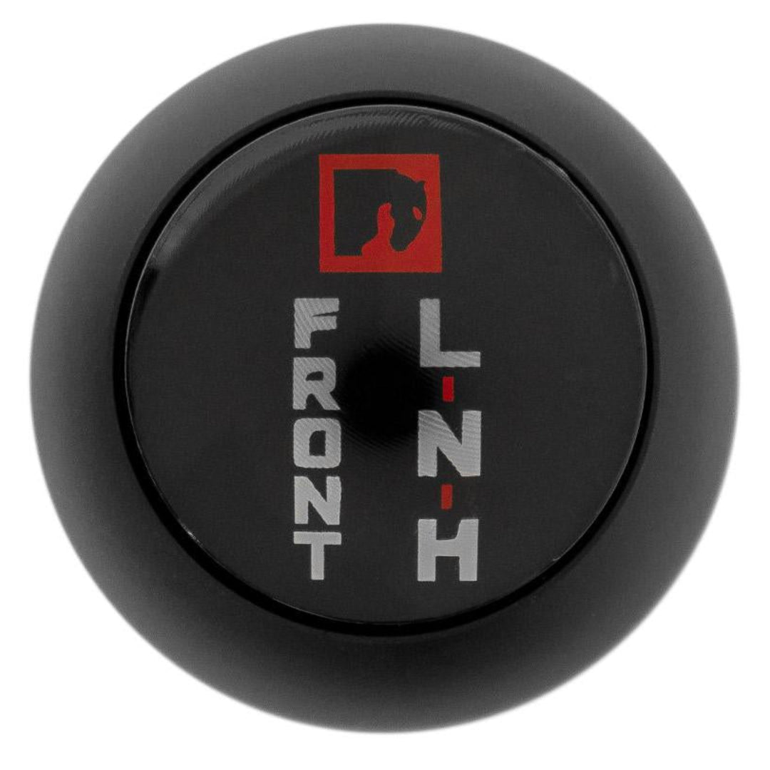 Black shift knobs with textured grip and white gear pattern, front view