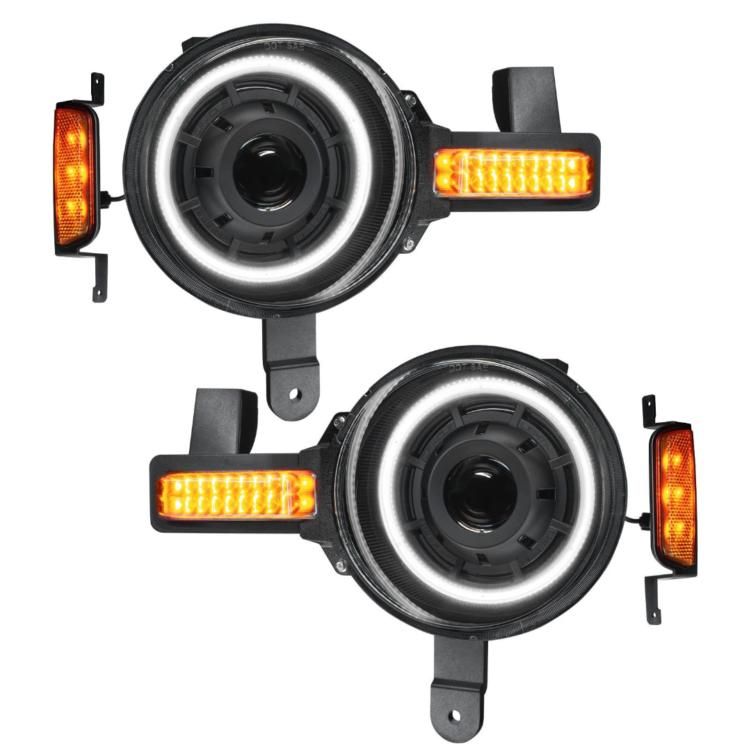 White bi-LED projector headlight with switchback amber option, front view