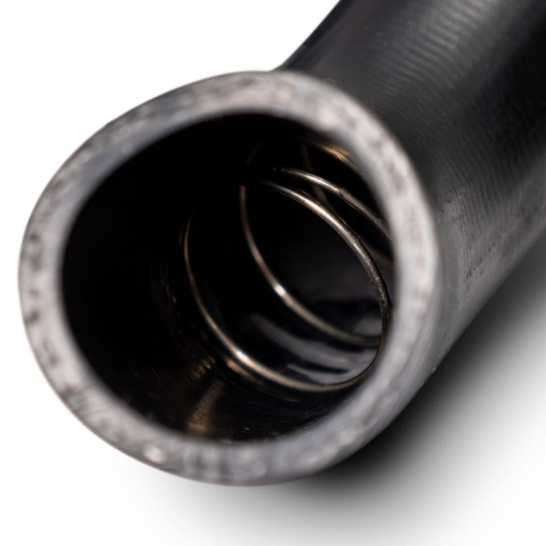 Black rubber radiator hose with molded bends for 1966-77 Ford Bronco, side view