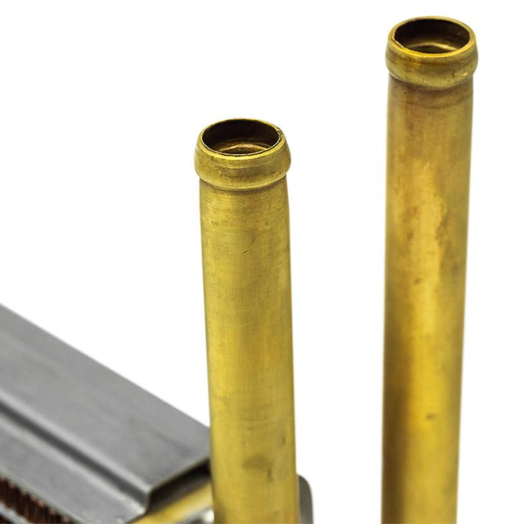 Metal heater core with ribbed fins and side mounting brackets, front view