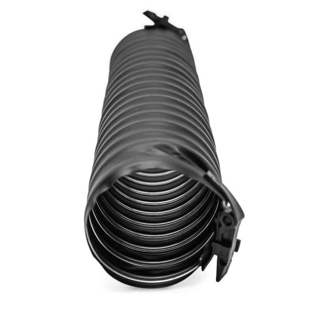 Black rubber defrost hose with molded bends, side view