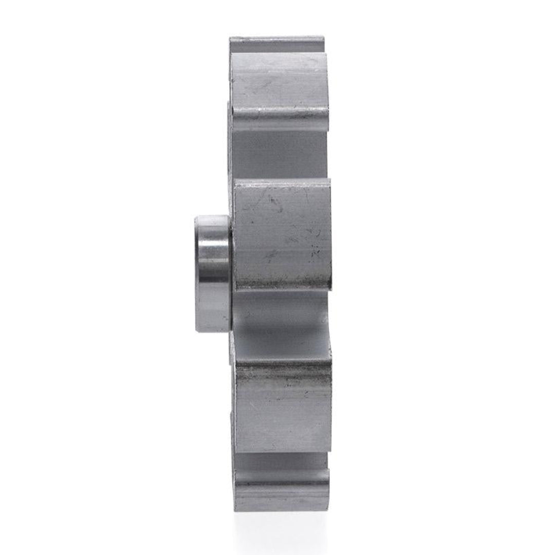 Silver metal fan spacer with 1/2 inch thickness, mill finish, side view