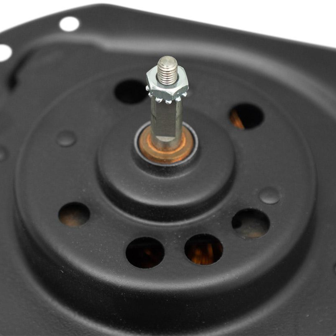 Heavy-duty metal blower motor with black housing and cooling fins, side view