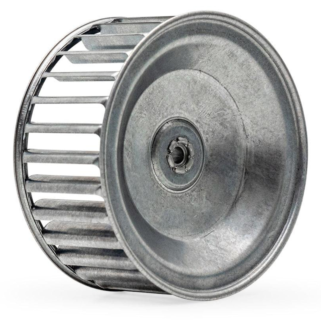 Black metal squirrel cage heater with protective grill and mounting brackets, front view