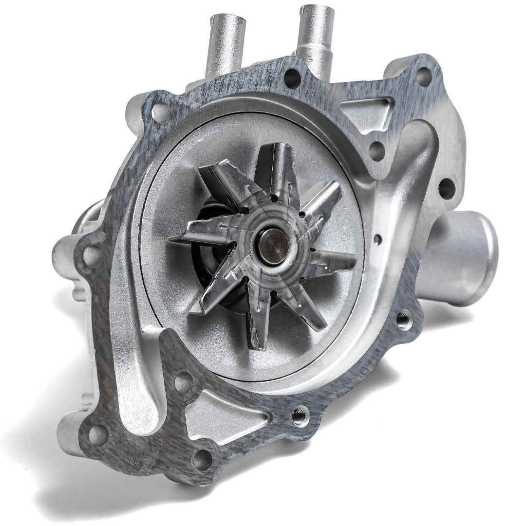 Aluminum water pump with V8 engine mounting flange, side view