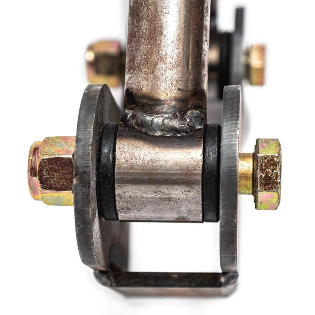 Black steel anti-wrap bar with mounting brackets and hardware, side view