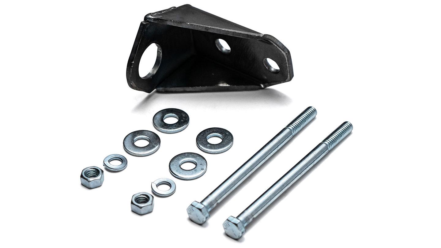 Black steel steering stabilizer bracket with mounting hardware, side view