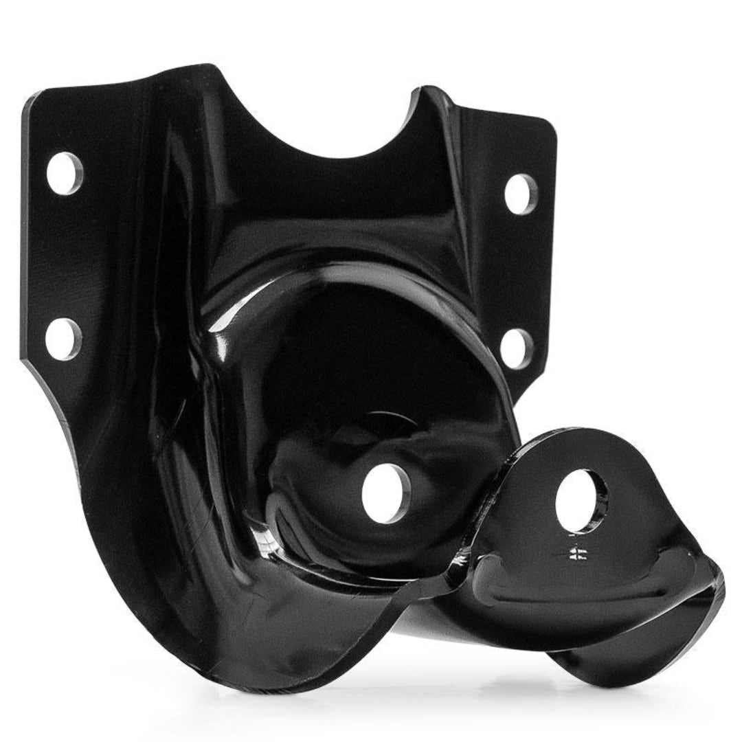 Pair of rear mount leaf spring hanger brackets with bolt holes, side view
