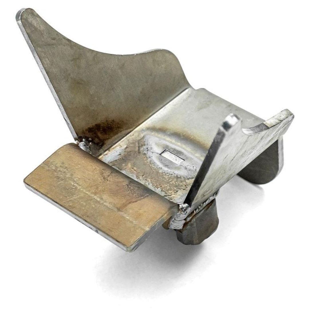 Steel leaf spring hanger with mounting holes, side view