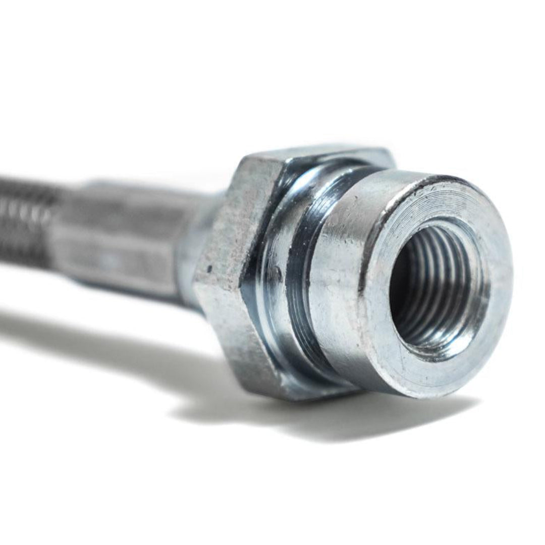 Braided stainless steel brake hose for rear disc conversion, close-up detail