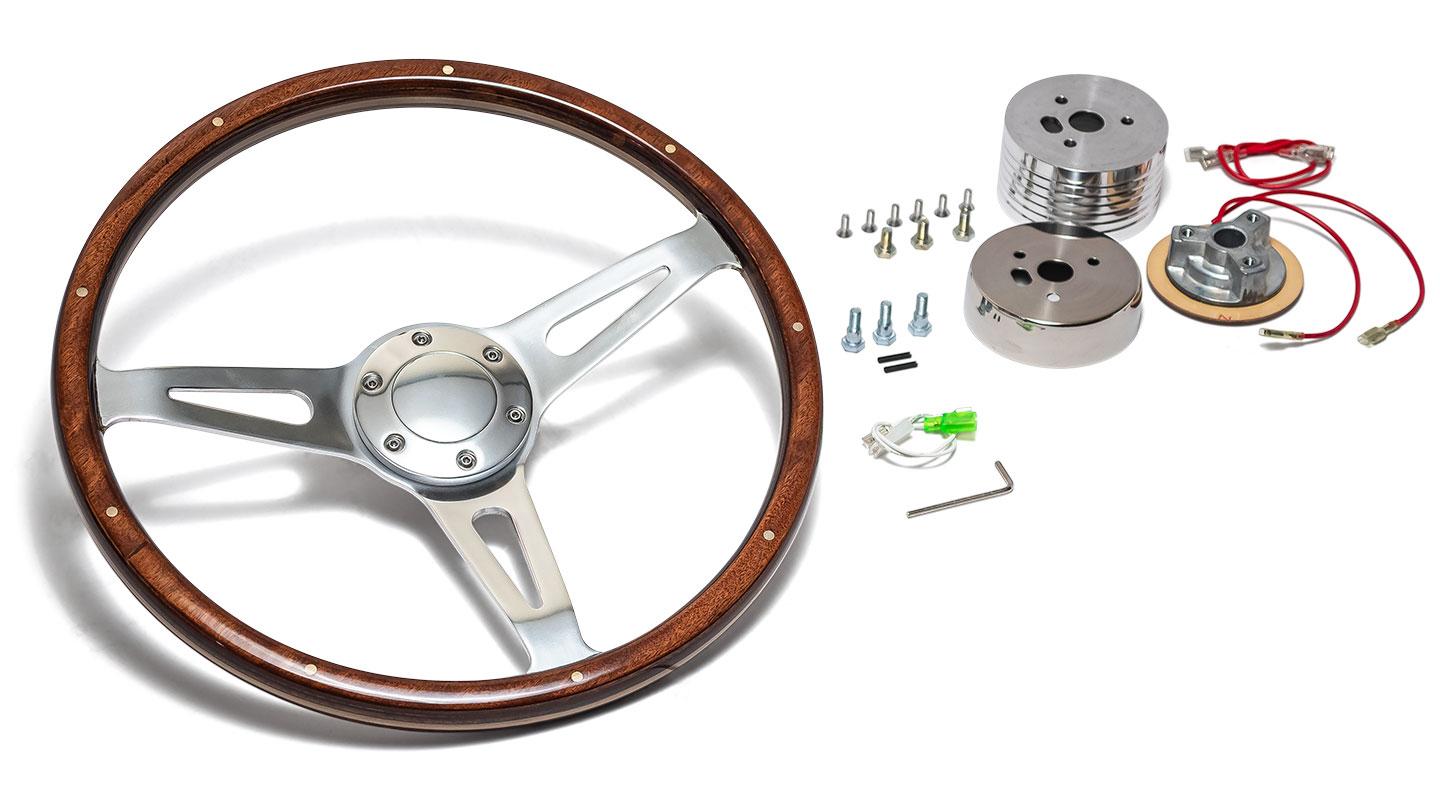 Vintage Silver Steering Wheel w/Full Wood Wrap