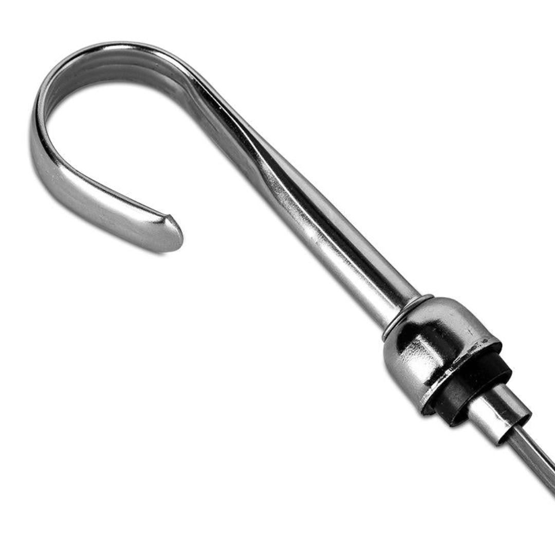 Bronze oil pan dipstick with angled tube, side view