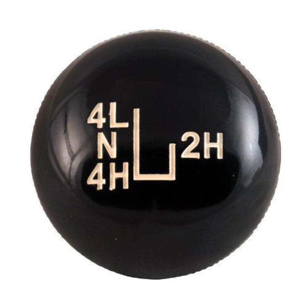 Black metal shift knob with textured grip and J-shift pattern, side view