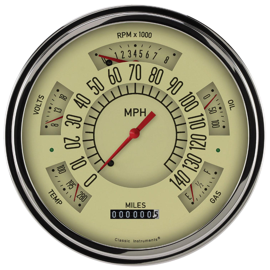 Tan instrument gauge cluster with white dials and chrome bezels, front view