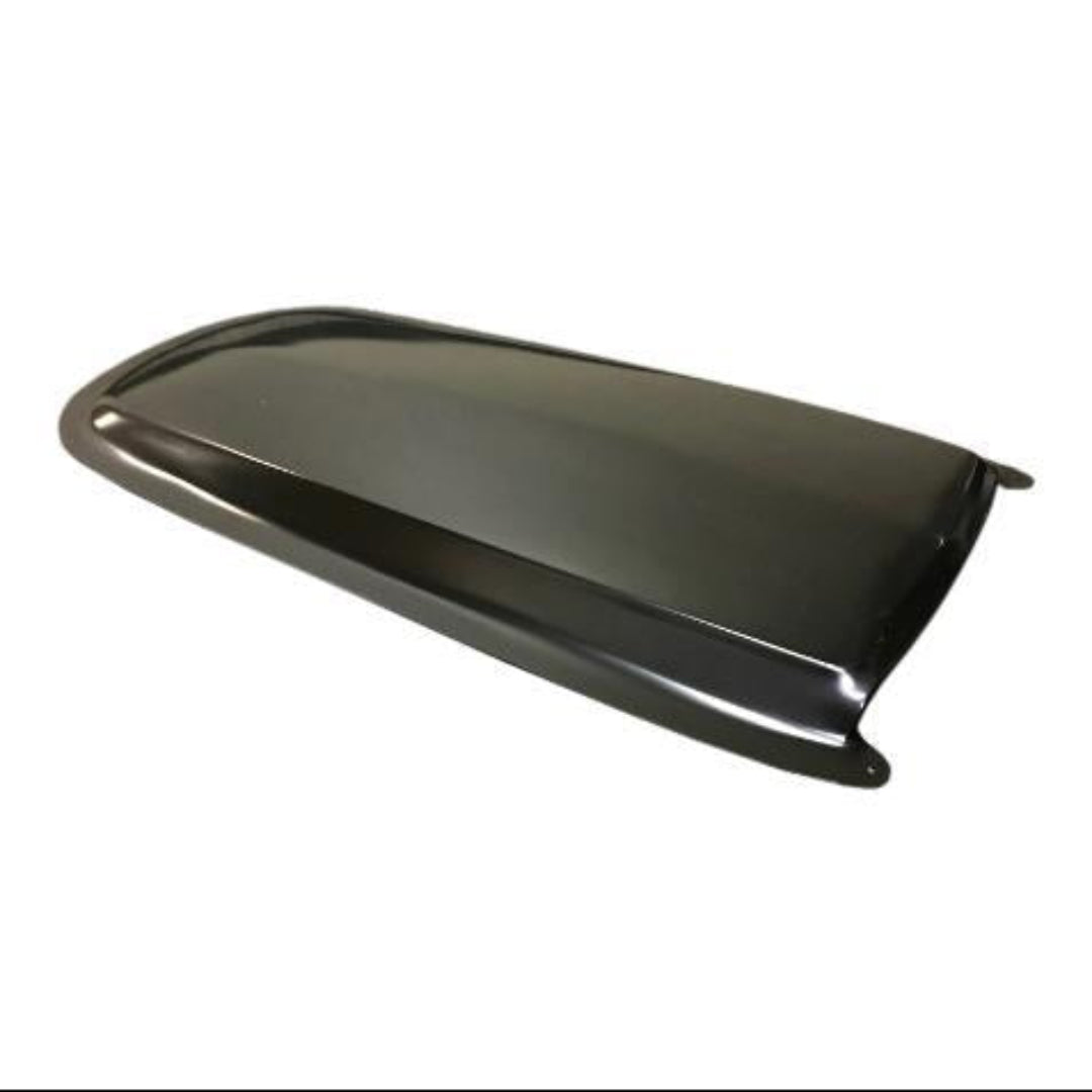 Silver metal hood scoop with mesh insert and bolt-on mounting, front view