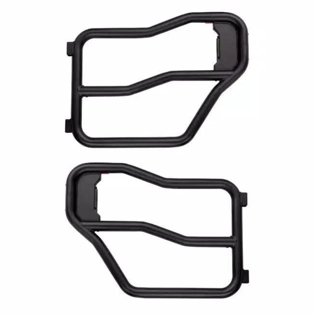 Black steel tube doors with horizontal bars and latch mechanism, side view