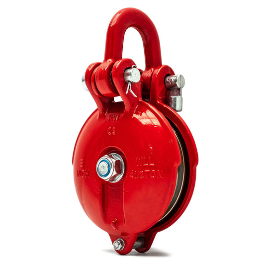 24,000 lb rated snatch block with steel construction, side view