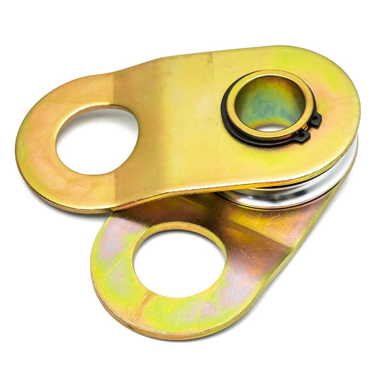 Black steel snatch block with 19,000 lb rating, side view
