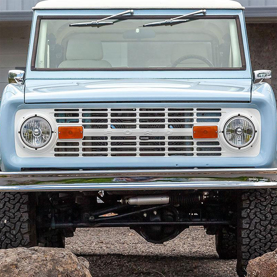 Stock Chrome Bumper, Front or Rear Smooth Without Hole for Bumperettes, 1966-77 Ford Bronco