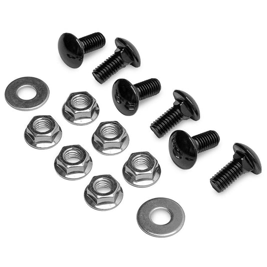 Black steel bumper hardware kit with mounting brackets and bolts, front view