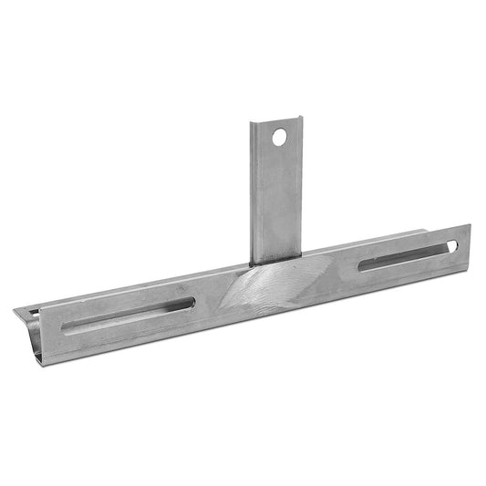 Black metal front license plate bracket with mounting holes, side view