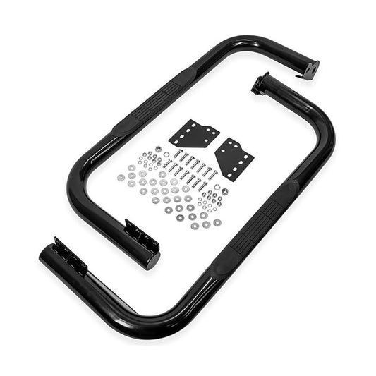 Black powder-coated steel nerf bars with textured step pads for Ford Bronco, side view