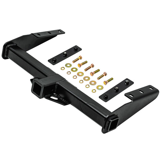 Black steel rear receiver hitch with mounting brackets, side view