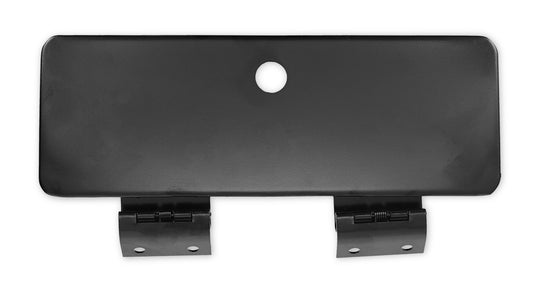 Black glove box door with attached hinges, front view